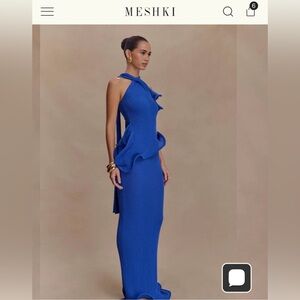 Meshki Cobalt Halter High-Low Ruffle Gown